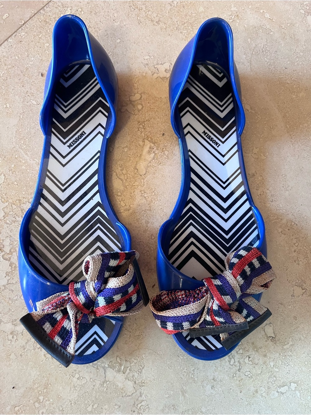 Missoni Royal Blue Peep-Toe Flats with Multicolor Bow